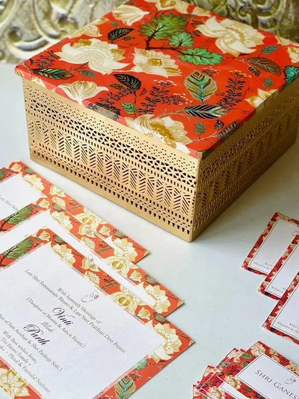 A wedding invitation sets the tone for the entire celebration. Here, we paired a custom invitation suite with a beautiful filigree box, creating a luxurious and cohesive first impression for the guests of Vinita and Parth.