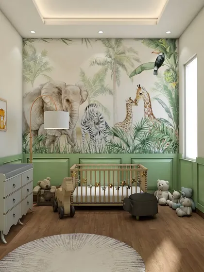 A gentle and sweet nursery room with a jungle-themed wallpaper, a classic wooden crib, and soft green wall paneling, creating a peaceful environment for a baby.