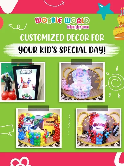 A collage of our customized decor options. We can create setups for any theme, including Avengers, "Cars," and unicorn parties, to make your kid's special day perfect.