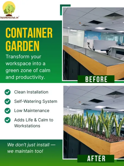 An office is more than just desks and chairs. We transformed this plain workstation divider into a living container garden, adding a touch of nature that boosts productivity and calms the mind. Our self-watering system ensures it stays fresh with zero effort from the staff.
