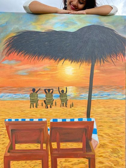 Me with the finished beach trio portrait. It's a large, vibrant piece that brings a sense of fun and friendship to any room.