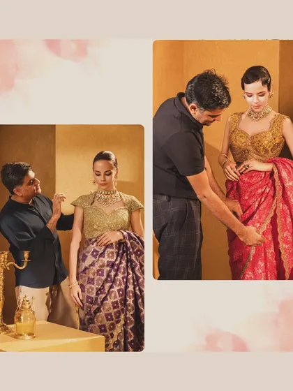 The final touch. Here, I am personally styling and draping sarees on models to ensure the fall and look are perfect before a photoshoot.