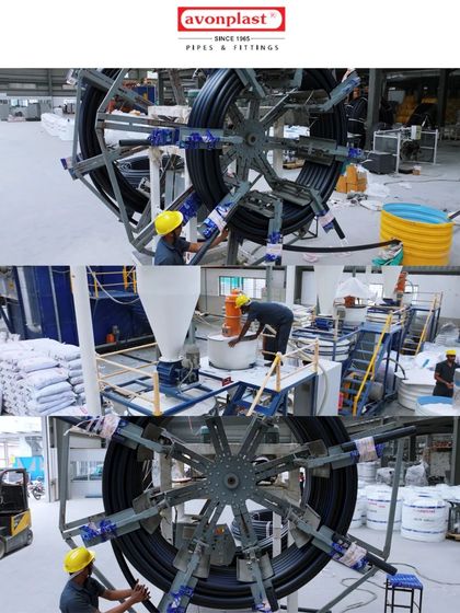 Capturing the manufacturing process for large-diameter pipes at Avonplast. We focus on the specialized machinery and the workers who operate it to create detailed industrial process videos.