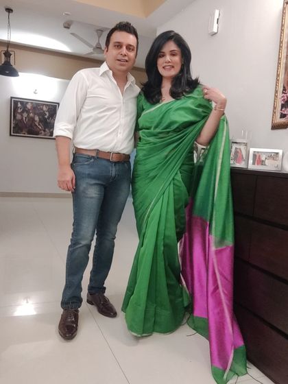 A happy moment with my husband on our anniversary. My green chanderi saree feels special and celebratory, exactly what the occasion called for.