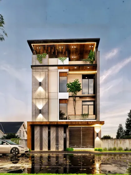 This 3D elevation render of a 30'x40' home demonstrates how I create atmosphere with lighting. Visualizing your home at dusk or night is crucial for choosing the right exterior lights to highlight its best features.
