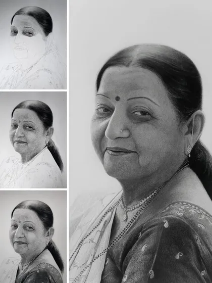 The process shots of a portrait, showing how the drawing is built up in layers from a simple sketch to a fully detailed and expressive face.