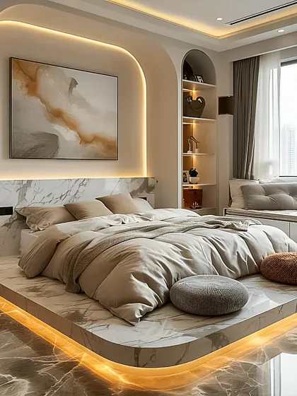 This master bedroom is a perfect example of a serene retreat. I used a floating platform bed with under-lighting, a marble accent wall, and built-in arched shelving to create a space that feels both grand and calming.