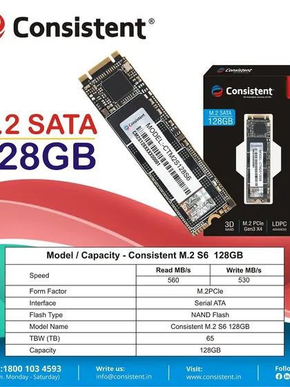 This technical sheet details our 128GB M.2 SATA SSD. It highlights the 560 MB/s read and 530 MB/s write speeds, Serial ATA interface, and 65 TBW endurance rating, making it a reliable choice for everyday use.