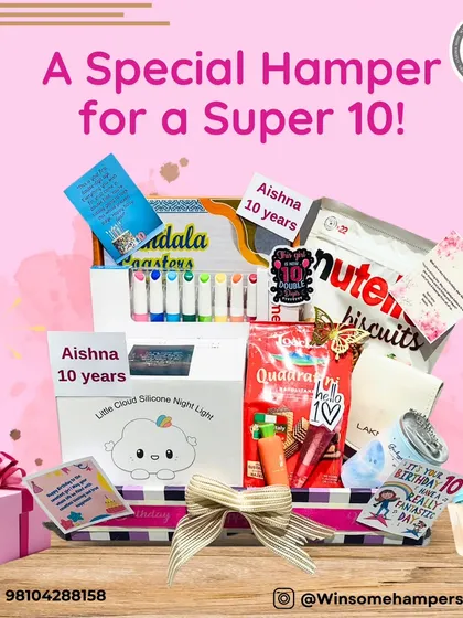 A special hamper for a super 10! This gift for Aishna is personalized with her name and age and includes a mix of creative activities and delicious snacks.