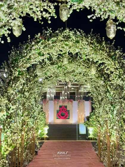 The full view of the cherry blossom tunnel, a truly immersive and unforgettable entrance for any event.