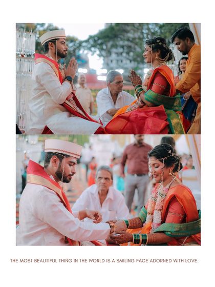 A collage showing the couple seeking blessings and exchanging vows. These are the solemn and respectful moments that form the foundation of a marriage.