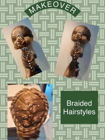 A display of intricate braided hairstyles on a mannequin. These styles show complex weaving techniques and are decorated with small pearls for an elegant finish.