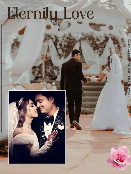 An "Eternity Love" themed album page, combining a photo of the couple at the altar with an intimate close-up.