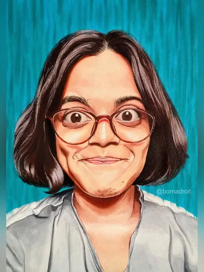 This is a self-portrait and my first time creating one with oil paints. I wanted to capture a fun, goofy expression. It was a great learning experience, and I'm excited to offer custom oil portraits in addition to my acrylic work.