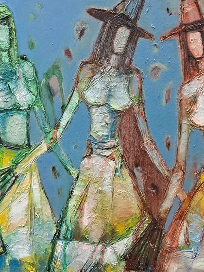 A painting of three women in a distinct, abstract style, part of the diverse collection at the art fair.