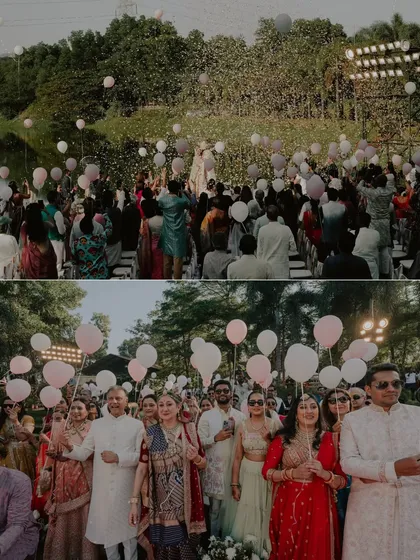 A collage showing the guests' involvement in the celebration, from releasing balloons to walking in the procession. It highlights the communal joy of a wedding.
