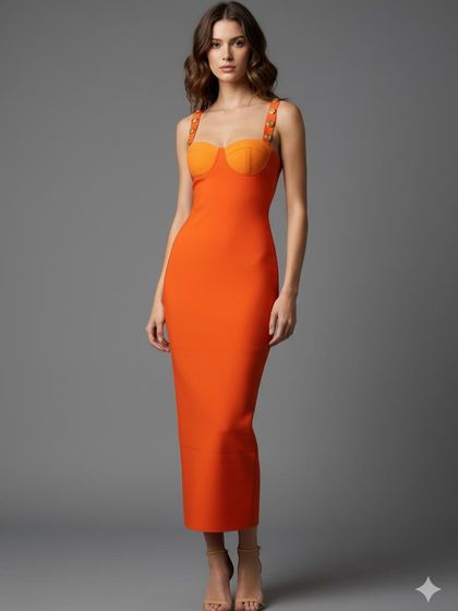 The front view of the orange bodycon dress. It's a perfect blend of chic and charming for a brunch or a night out.