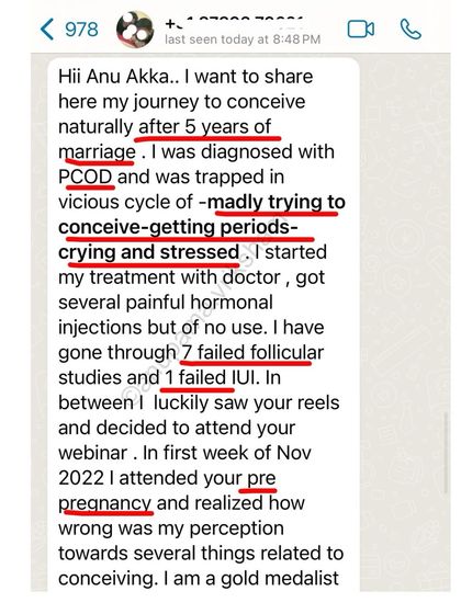 This student was trapped in a cycle of trying, stress, and failed treatments, including 7 follicular studies and 1 failed IUI. My webinar helped her change her perception and conceive naturally.