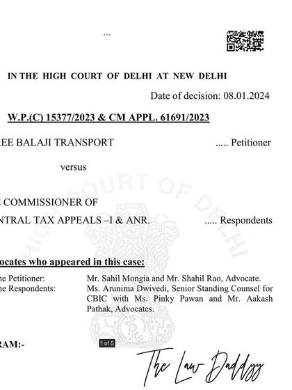 The official cause title of the writ petition in the GST case. This document shows my representation for the petitioner, Shree Balaji Transport, in their successful challenge against the Commissioner of Central Tax Appeals.