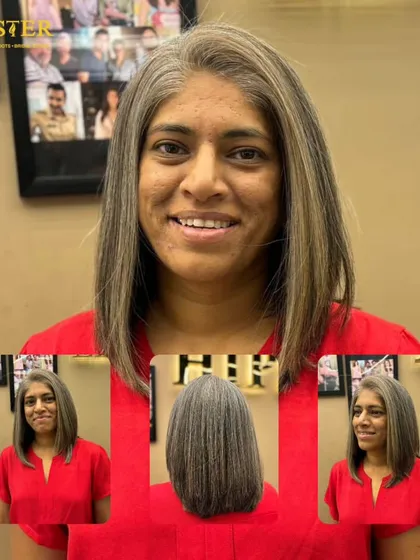 A collage featuring a beautiful long bob (lob) haircut on a client with silver-grey hair, showing the sleek and modern result.