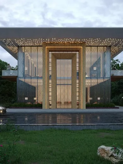 A concept for a 'glass house' architecture, designed to be almost completely transparent. The expansive glass walls are sheltered by a large, floating roof, creating a seamless connection with the lush, natural setting.