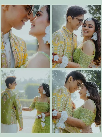 A quad of romantic close-up portraits of the couple, capturing their smiles and affectionate glances during their Haldi shoot.