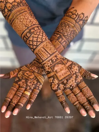 A simple yet meaningful way to personalize your mehendi is by adding the wedding date. Here, the date '21.4.2025' is placed in a central frame on the palm.