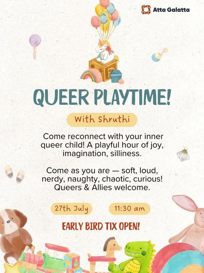 Poster for 'Queer Playtime!', a playful hour of joy and imagination for queers and allies.
