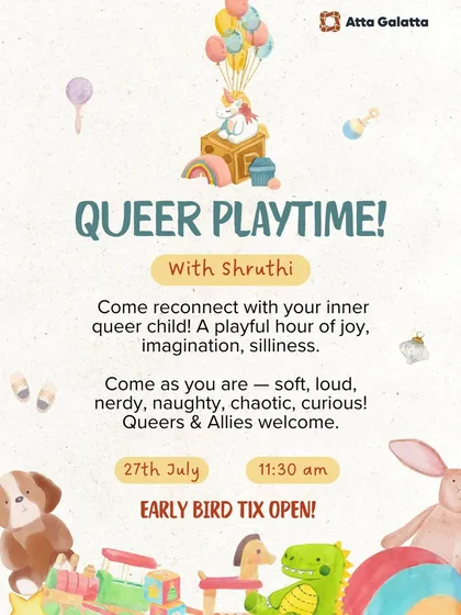 Poster for 'Queer Playtime!', a playful hour of joy and imagination for queers and allies.