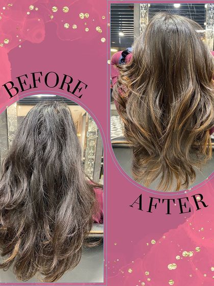This before-and-after collage shows a complete hair makeover. We took frizzy, undefined hair and transformed it with a rich balayage and a smooth, wavy style that looks polished and healthy.