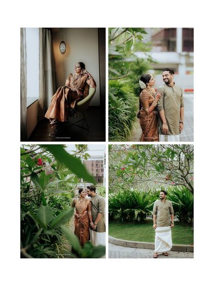 A collage of portraits of the couple and the bride alone, capturing the beauty of their wedding day.