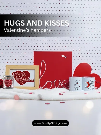 For a sweet and adorable gesture, the 'Hugs and Kisses' Valentine's hamper comes with matching mugs, a photo frame, and a box filled with love.