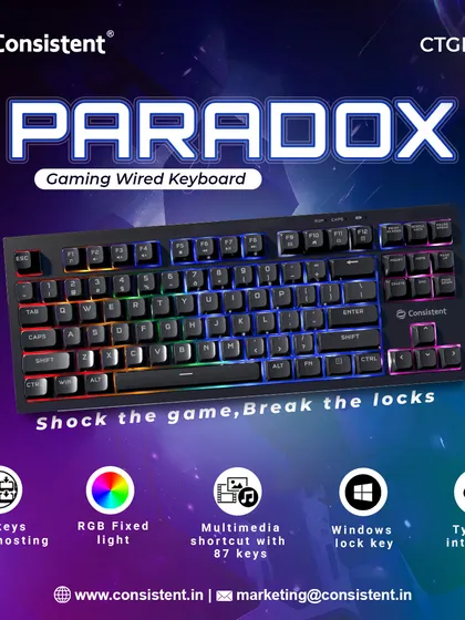 My "Paradox" gaming wired keyboard is a compact and powerful tool, featuring 19-key anti-ghosting and a Type-C interface. The 87-key layout includes multimedia shortcuts and a Windows lock key, making it efficient for both gaming and productivity.
