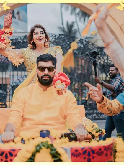 The groom's grand entrance for the Haldi, looking cool and confident.