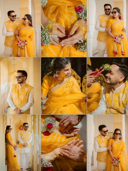 A comprehensive collage from a Haldi ceremony, showing couple portraits, candid moments, and details of the event.