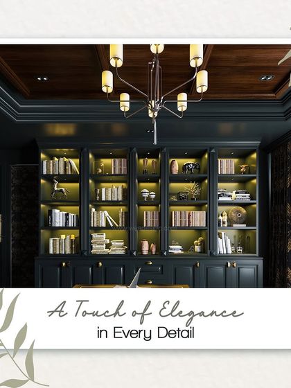 The library section of the classic British room, with built-in bookshelves featuring integrated lighting to highlight the collection.