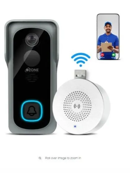 This image showcases the complete Ozone WDB Video Doorbell kit. It includes the main doorbell unit for your entryway and a compact, USB-powered wireless chime for inside your home.