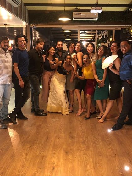 The 'survivors' of our anniversary milonga. A happy group photo at the end of a long night of dancing, showcasing the fun and camaraderie of our community.