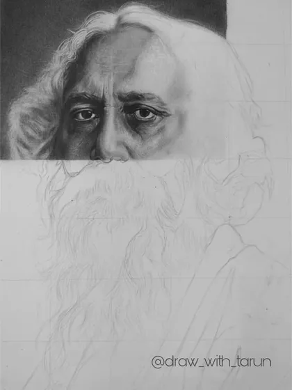 The first work-in-progress shot of my Rabindranath Tagore portrait. I always start with the eyes, as they are the key to capturing the subject's essence. The grid lines help maintain accuracy.