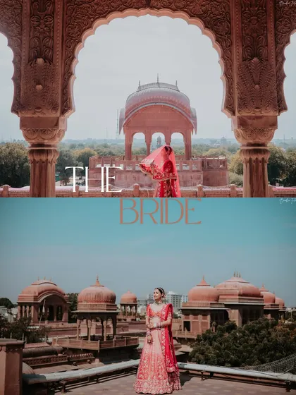 A majestic bridal portrait at the Laxmi Niwas Palace, with the bride framed by the grand arches, looking like royalty.