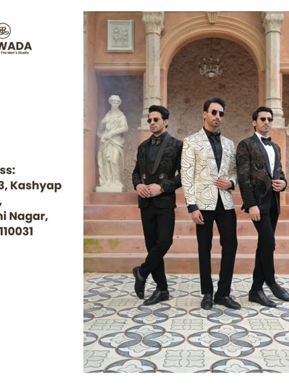 A full-length group shot of our statement tuxedos, providing a clear view of each distinct design and our studio's contact information.