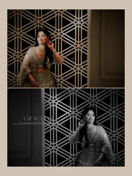 A creative before-and-after edit, showing a solo portrait of the bride in both color and a dramatic black and white version.
