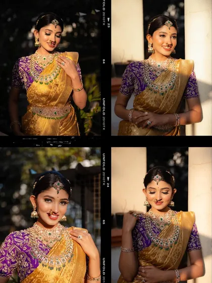 A collage of four portraits showcasing a beautiful bridal look. This format allows me to show different angles and expressions, highlighting the intricate jewelry and saree details.