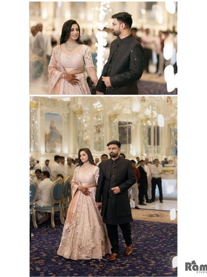 A collage showing the couple's grand entrance at their engagement party. The top image captures a candid moment, while the bottom one shows them walking hand-in-hand through the hall.