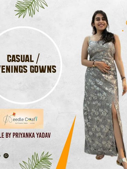 This grey embroidered gown with a thigh-high slit is perfect for a summer evening event. It’s elegant, modern, and designed for a perfect fit.
