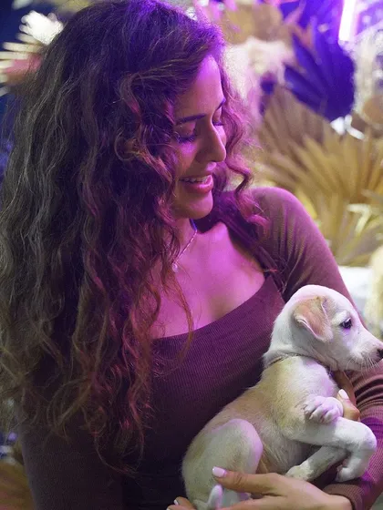 A woman holds a tiny, sleepy puppy in a beautifully lit room. Our events are designed to create a magical, comfortable atmosphere where both people and puppies can relax and connect.