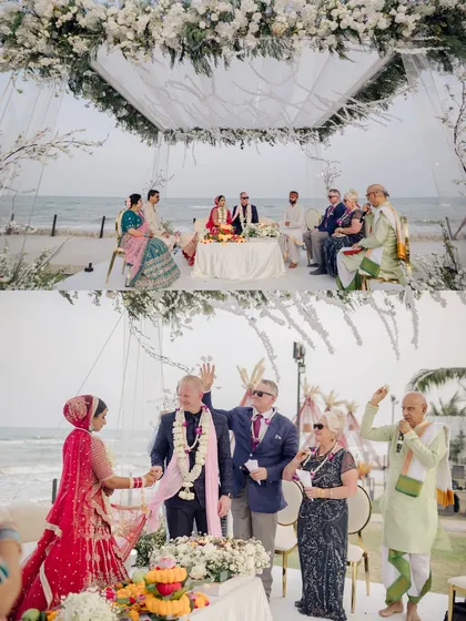 A collage showing the beautiful beachside mandap and the couple during their Hindu ceremony. It highlights the stunning decor against the ocean backdrop and the intimate rituals shared with close family.