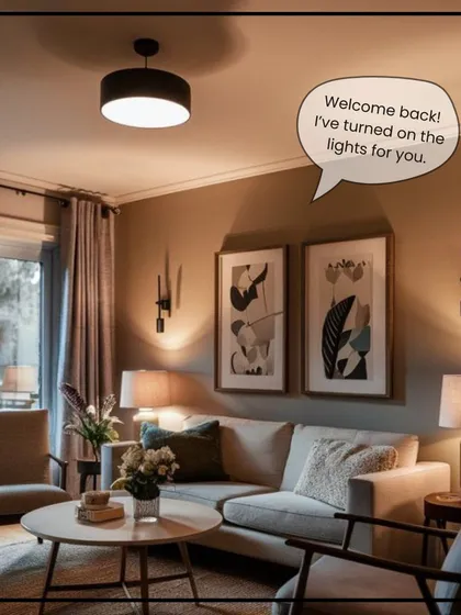Welcome back! A cozy living room where the lights have turned on automatically, demonstrating a home that anticipates your needs.