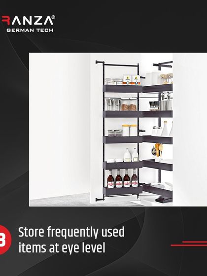 I design my storage with ergonomics in mind. Storing frequently used items at eye level, as seen in this pantry unit, makes your daily routine smoother.