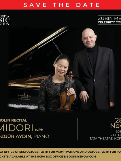The official "Save the Date" for our inaugural celebrity concert honoring Maestro Zubin Mehta, featuring a violin recital by Midori with pianist Özgür Aydın.